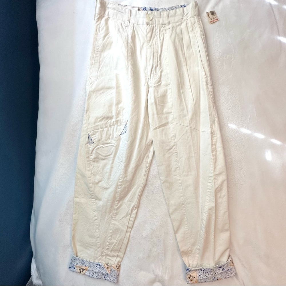 Vintage Rigolletto White Cotton Print Cuffed Pants Kids 12 Short Loose Fit NWT